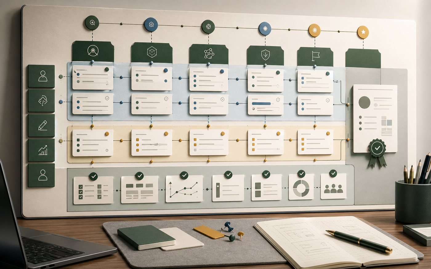 Abstract execution board showing two workstreams, task lanes, milestones, and integration checkpoints.
