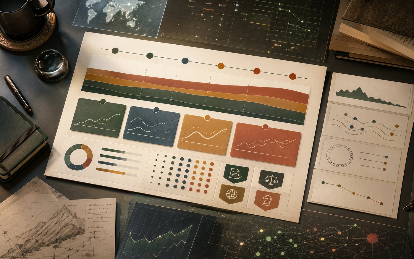 Abstract finance and risk planning board with budget bands, scenario cards, and risk matrix blocks.