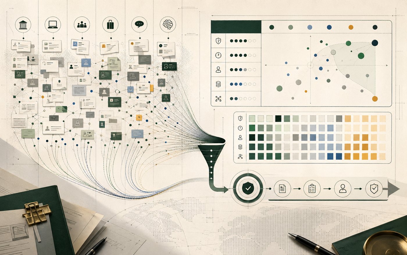 Abstract competitor landscape showing fragmented sources converging into an organized workflow.