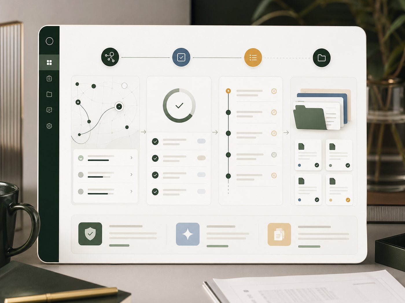 Abstract VisaPilot workflow showing route, self-check, checklist, and evidence organization modules.